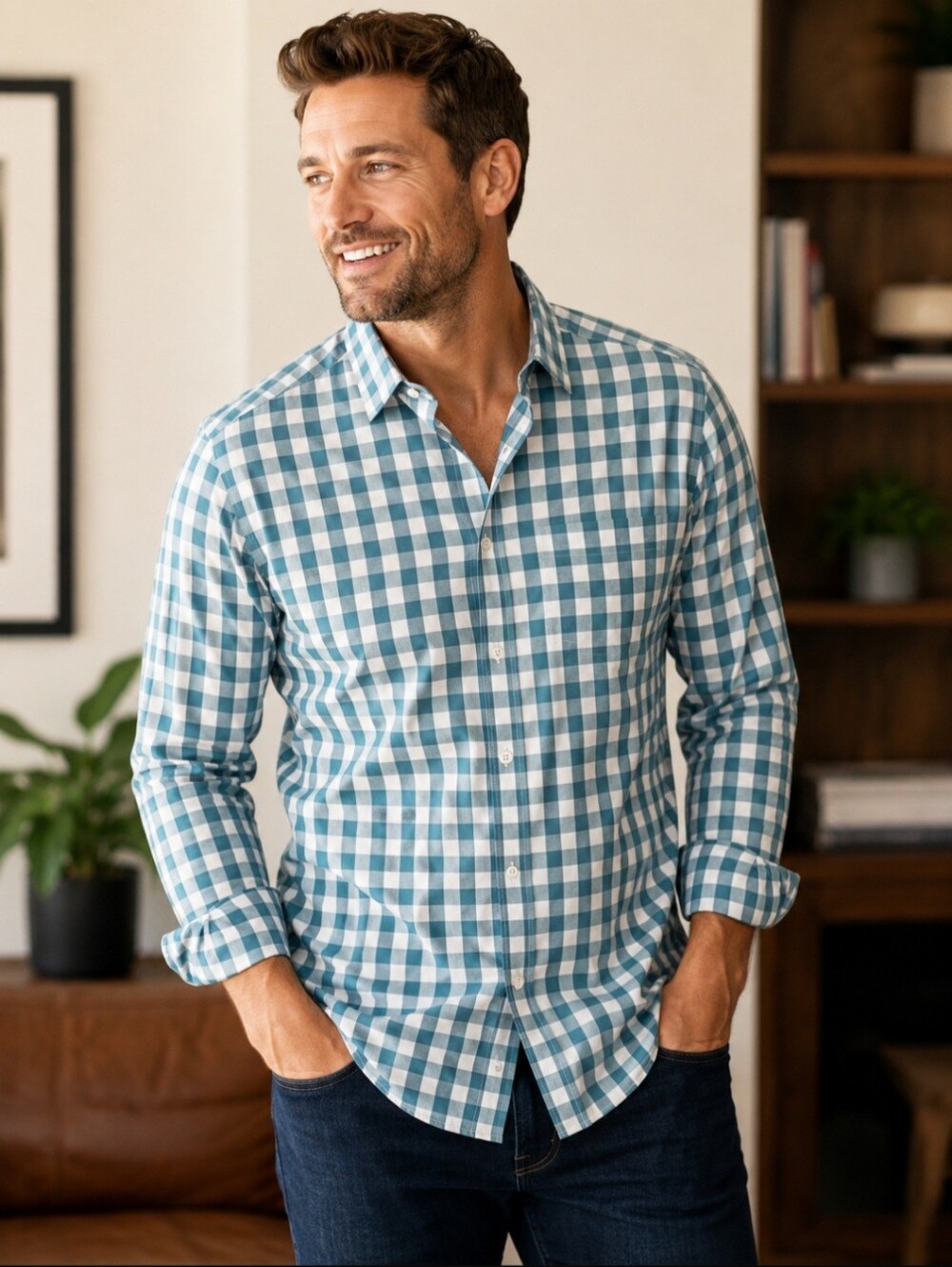 UNTUCKit Wrinkle-Free Teal Gingham Button-Down Shirt; Men's Large; Slim Fit